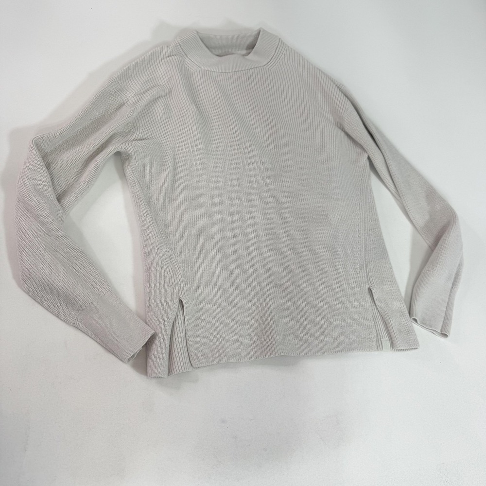 Lululemon Sweater Womens Medium Beige Mock Neck Knit Pullover Logo Side Slit